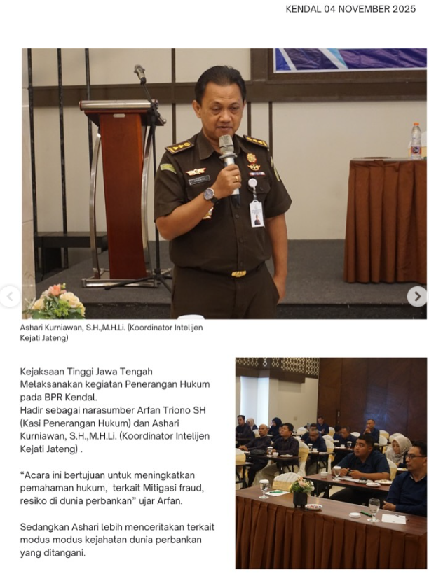 Kejaksaan Tinggi Jawa Tengah Melaksanakan Kegiatan Penerangan Hukum Pada BPR Kendal