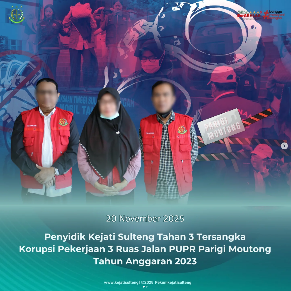 PENYIDIK KEJATI SULTENG TAHAN 3 TERSANGKA KORUPSI PEKERJAAN 3 RUAS JALAN PUPR PARIGI MOUTONG TA 2023
