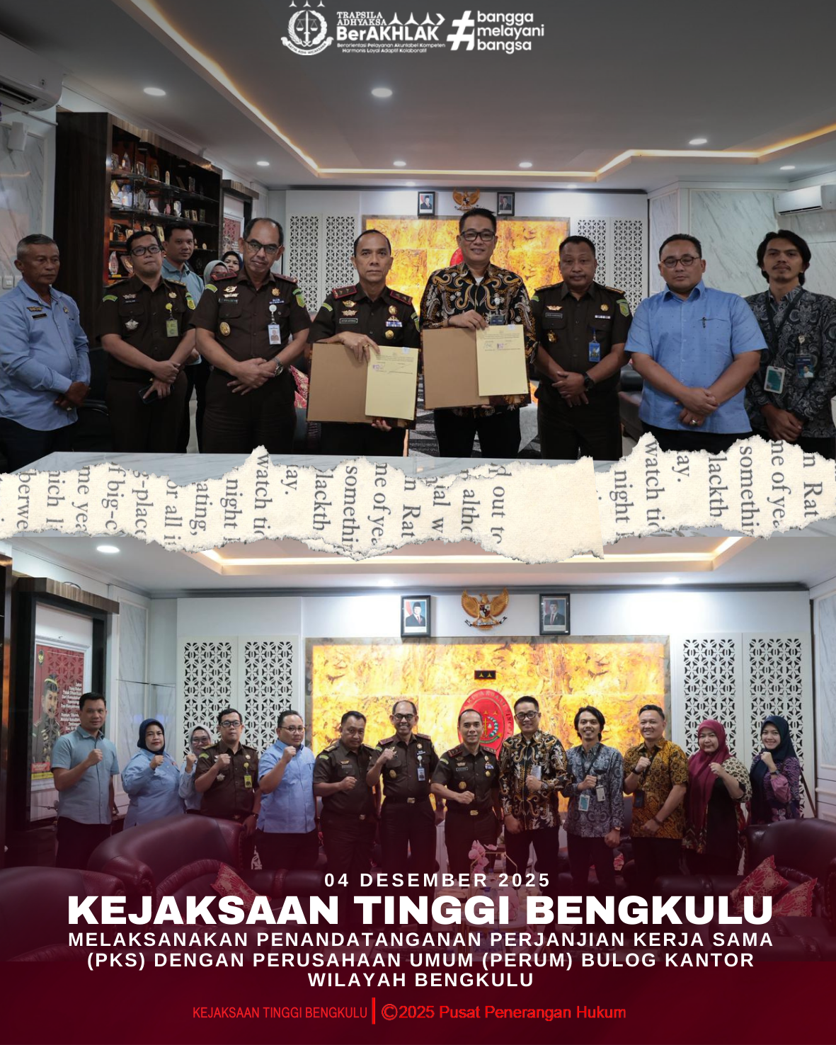 Kejaksaan Tinggi Bengkulu Melaksanakan Penandatanganan Perjanjian Kerja Sama PKS) Dengan Perusahaan Umum Perum) Bulog Kantor Wilayah Bengkulu