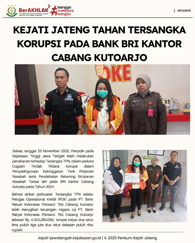 Kejati Jateng Tahan Tersangka Korupsi Pada Bank BRI Kantor Cabang Kutoarjo