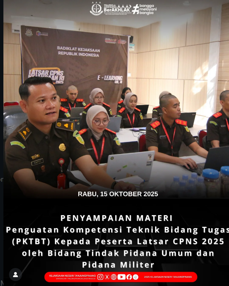 Penyampaian Materi Penguatan Kompetensi Teknik Bidang Tugas PKTBT) Kepada Peserta Latsar CPNS 2025 oleh Bidang Tindak Pidana Umum dan Pidana Militer