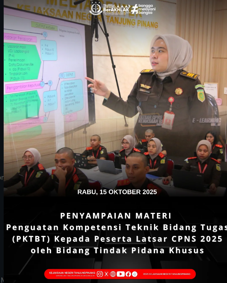 Penyampaian Materi Penguatan Kompetensi Teknik Bidang Tugas PKTBT) Kepada Peserta Latsar CPNS 2025 oleh Bidang Tindak Pidana Khusus