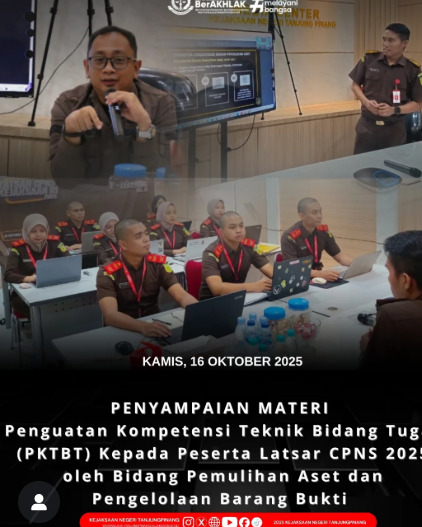Penyampaian Materi Penguatan Kompetensi Teknik Bidang Tugas PKTBT) kepada Peserta Latsar CPNS 2025 oleh Bidang Pemulihan Aset dan Pengelolaan Barang Bukti