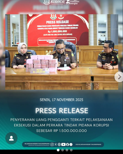 Press Release sekaligus Penyerahan Uang Pengganti terkait Pelaksanaan Eksekusi dalam Perkara Tindak Pidana Korupsi