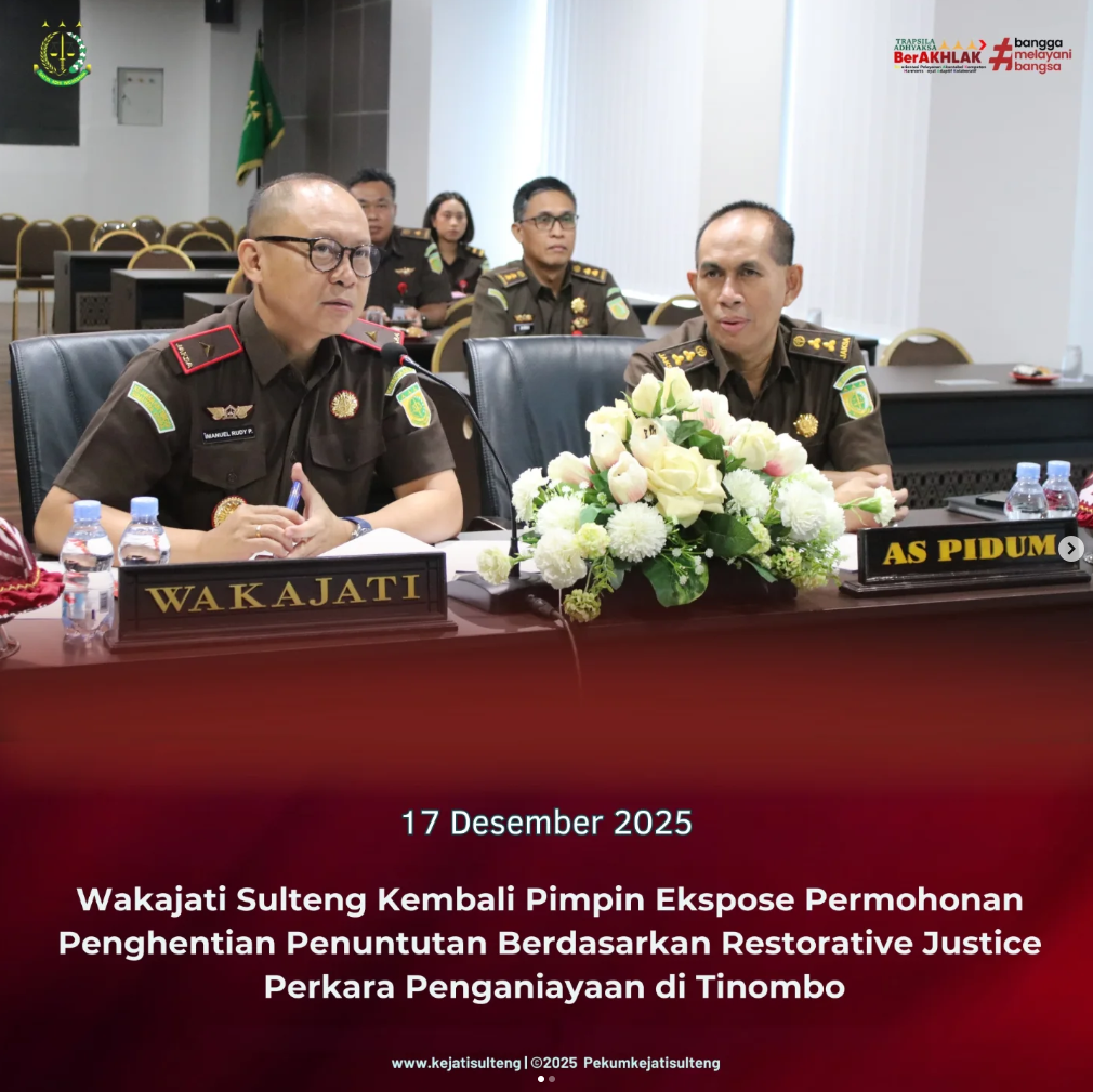 WAKAJATI SULTENG KEMBALI PIMPIN EKSPOSE PERMOHONAN PENGHENTIAN PENUNTUTAN BERDASARKAN RESTORATIVE JUSTICE PERKARA PENGANIAYAAN DI TINOMBO