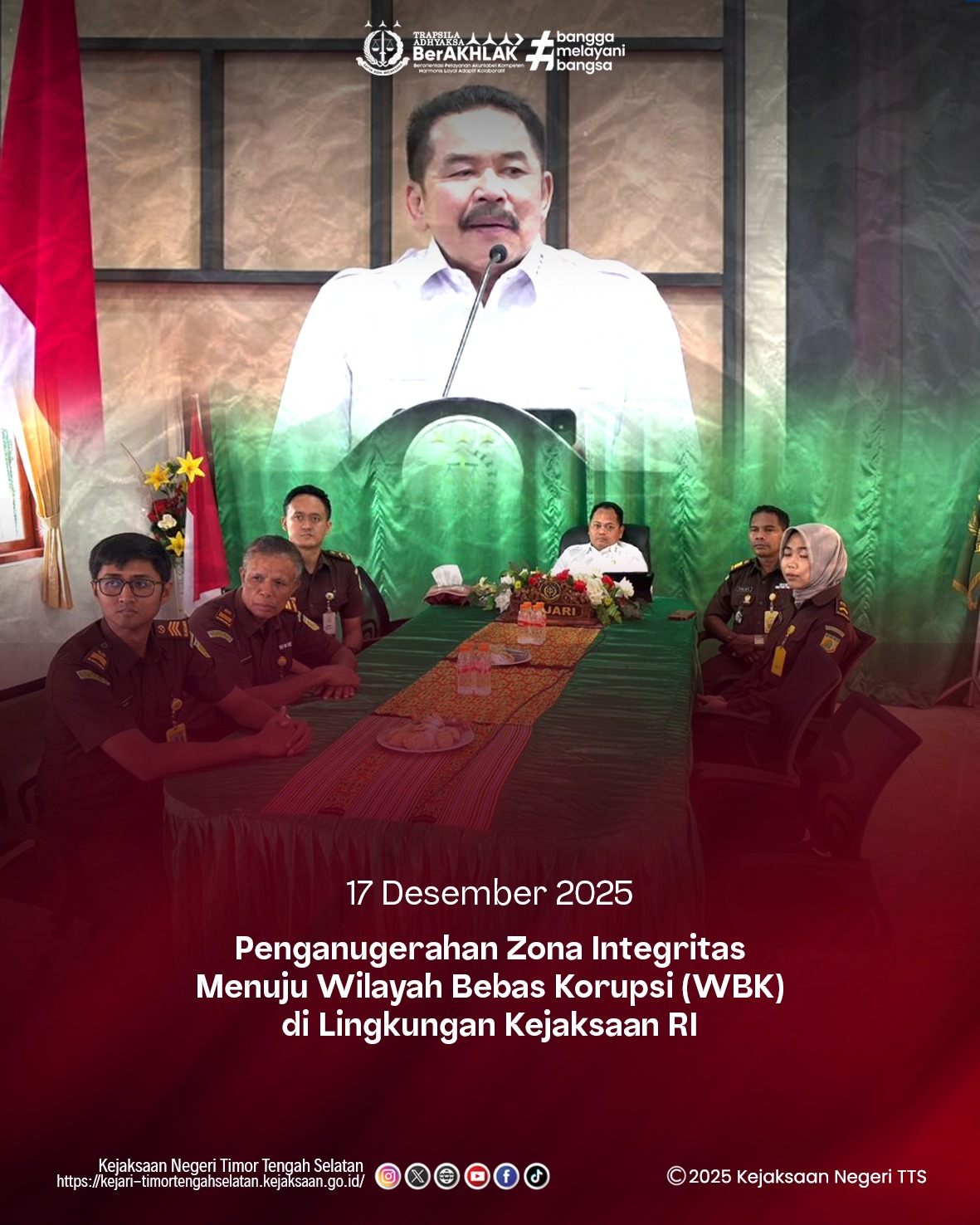 Penganugerahan Zona Integritas Menuju Wilayah Bebas Korupsi WBK) di Lingkungan Kejaksaan RI melalui zoom meeting di aula Kejaksaan Negeri Timor Tengah Selatan