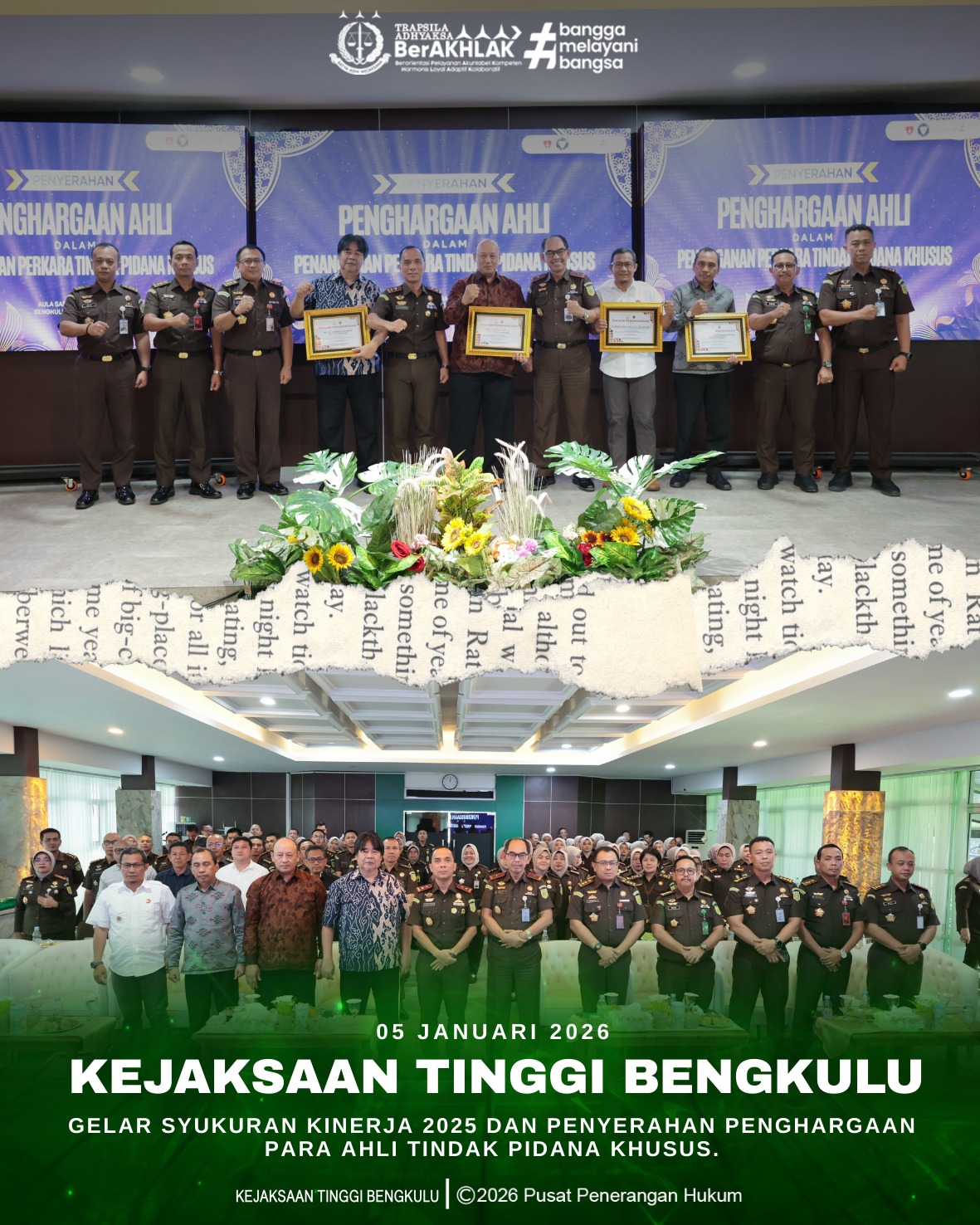 Kejati Bengkulu Gelar Syukuran Kinerja 2025 dan Penyerahan Penghargaan para Ahli Tindak Pidana Khusus