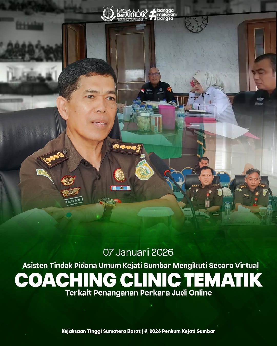 Asisten Tindak Pidana Umum Kejaksaan Tinggi Sumatera Barat mengikuti kegiatan Coaching Clinic Tematik yang dilaksanakan secara virtual bertempat di Aula Lantai 3 Kejaksaan Tinggi Sumatera Barat