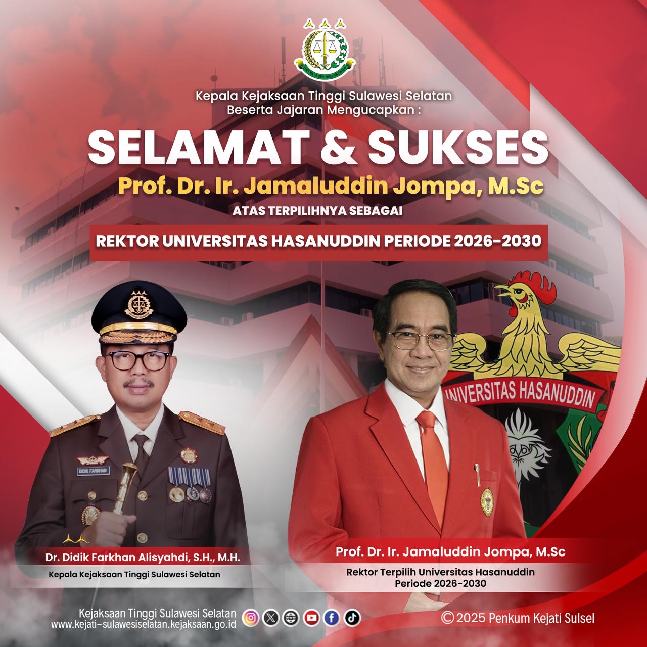 Sinergi Pendidikan dan Penegakan Hukum Kajati Sulsel Beri Selamat atas Terpilihnya Rektor UNHAS 2026-2030 Prof Jamaluddin Jompa
