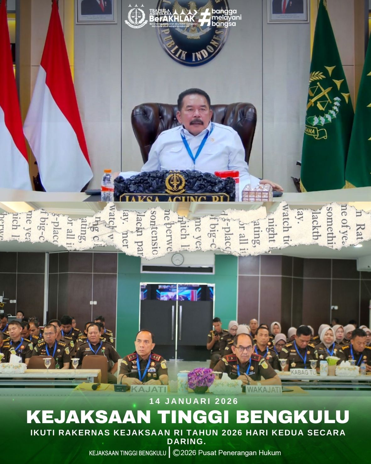 Kejaksaan Tinggi Bengkulu Ikuti Rakernas Kejaksaan RI Tahun 2026 Hari Kedua Secara Daring