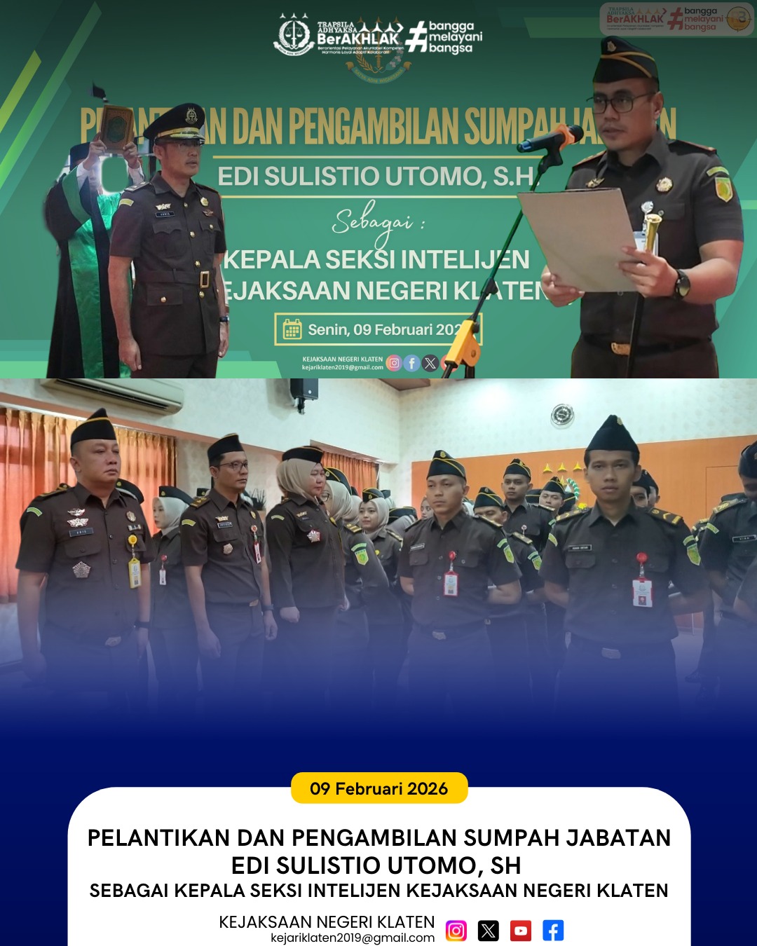 Upacara Pelantikan dan Pengambilan Sumpah Jabatan Edi Sulistio Utomo SH Sebagai Kepala Seksi Intelijan Kejaksaan Negeri Klaten