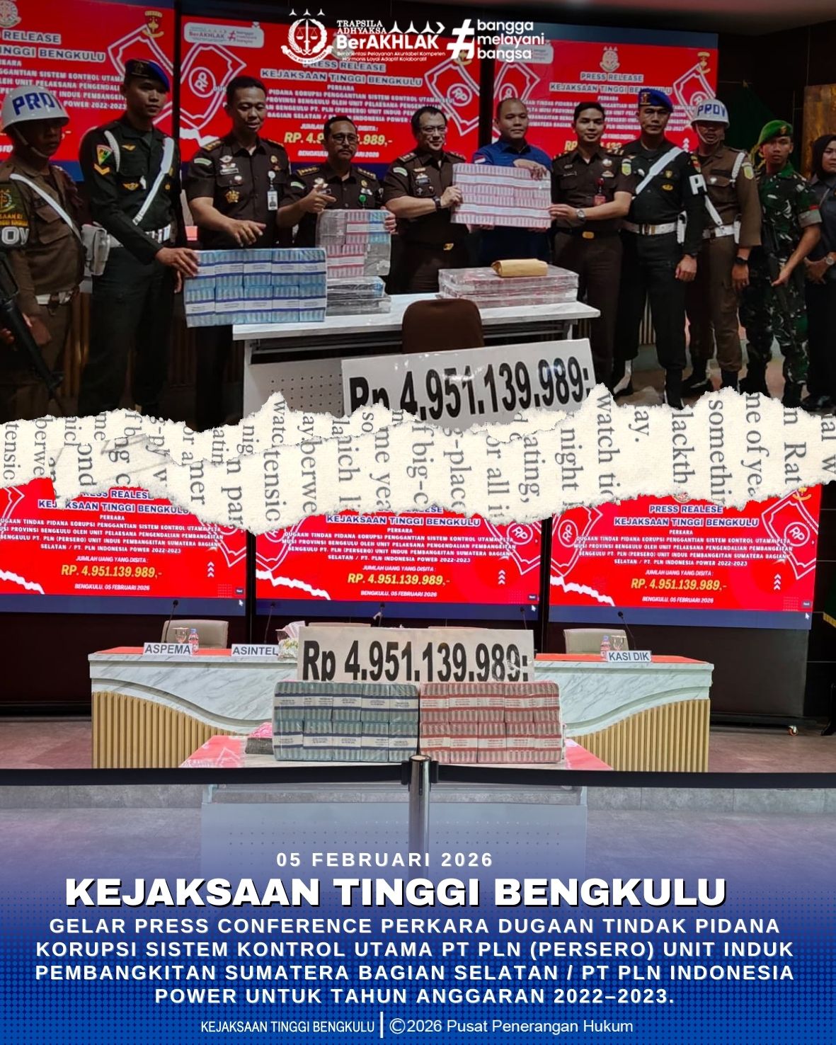 Kejaksaan Tinggi Bengkulu Gelar Press Conference Perkara Dugaan Tindak Pidana Korupsi Sistem Kontrol Utama PT PLN Persero) Unit Induk Pembangkitan Sumatera Bagian Selatan  PT PLN Indonesia Power untuk tahun anggaran 2022–2023