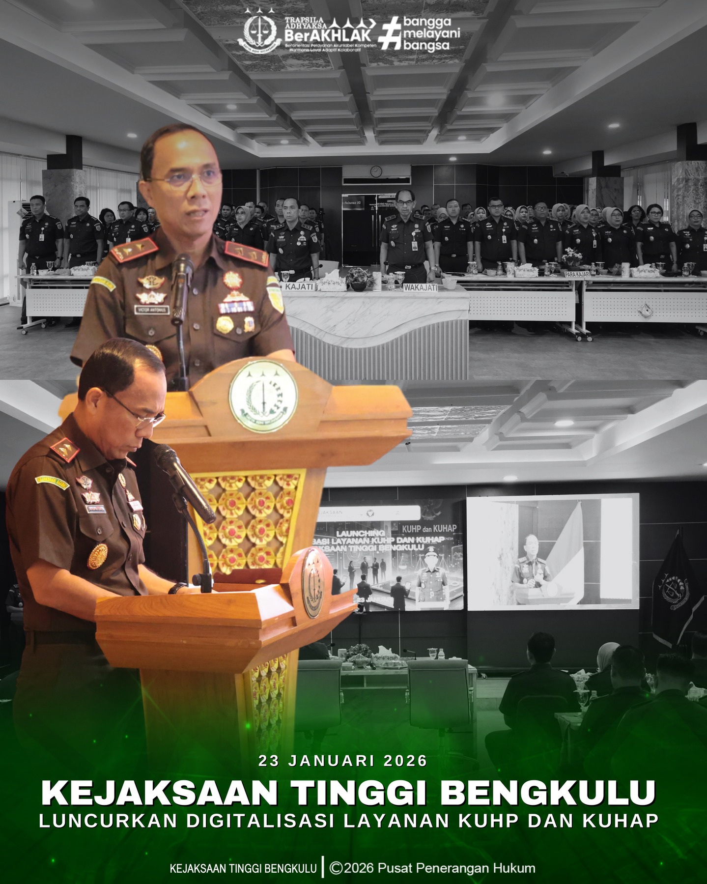 Kejaksaan Tinggi Bengkulu menggelar Launching Digitalisasi Layanan Kitab Undang-Undang Hukum Pidana KUHP) dan Kitab Undang-Undang Hukum Acara Pidana KUHAP) yang berlangsung di Aula Sasana Bina Karya Kejaksaan Tinggi Bengkulu