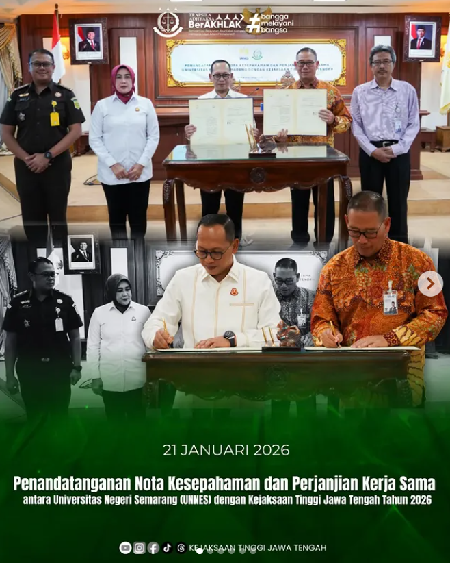 Penandatanganan Nota Kesepahaman dan Perjanjian Kerja Sama antara Universitas Negeri Semarang UNNES) dengan Kejaksaan Tinggi Jawa Tengah Tahun 2026