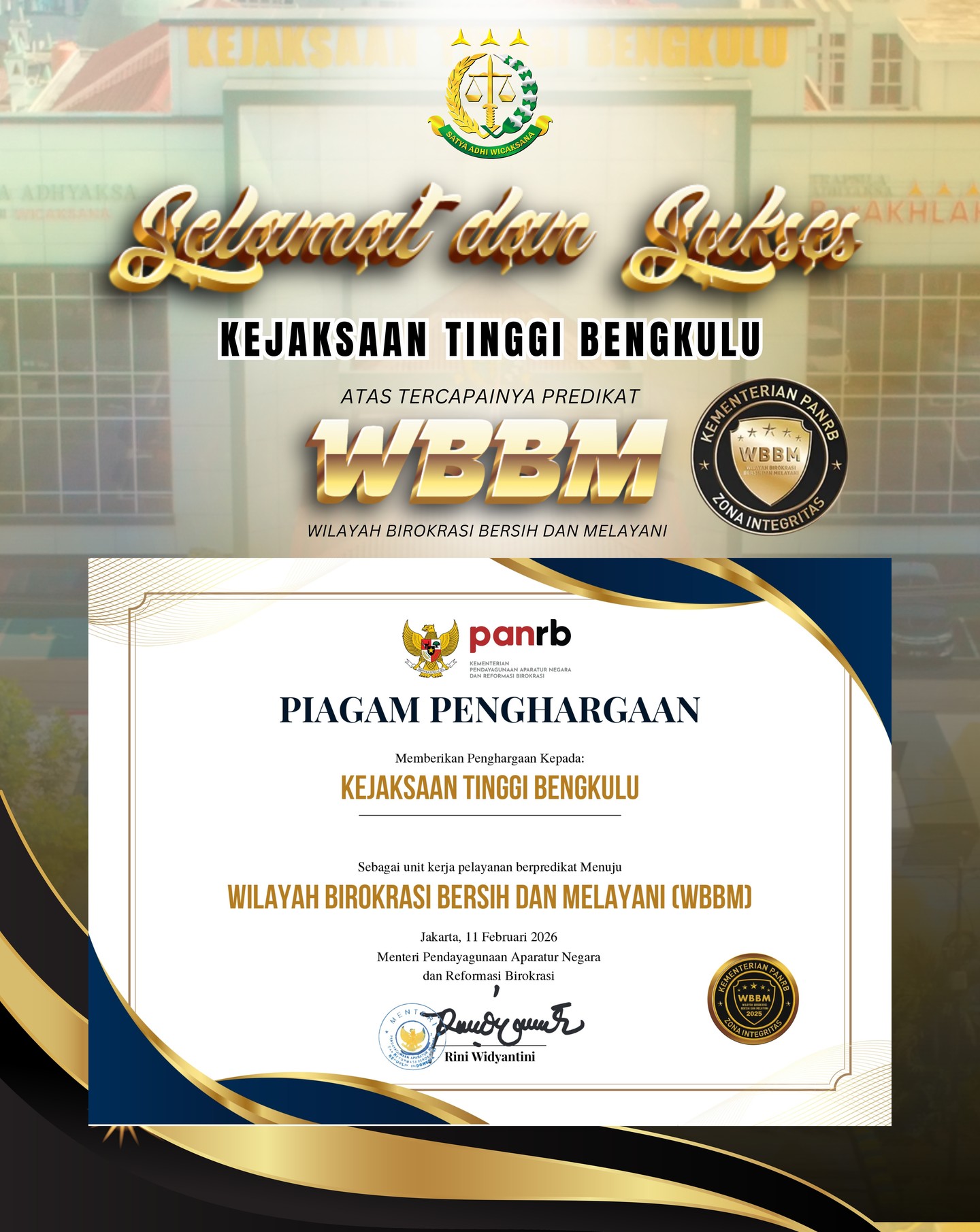 Kejaksaan Tinggi Bengkulu Raihnya Predikat Wilayah Birokrasi Bersih dan Melayani WBBM)