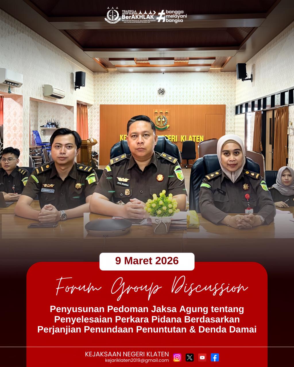 Kejaksaan Negeri Klaten ikuti Focus Group Discussion FGD) dalam rangka Penyusunan Pedoman Jaksa Agung tentang Penyelesaian Perkara Pidana Berdasarkan Perjanjian Penundaan Penuntutan  Denda Damai secara Daring