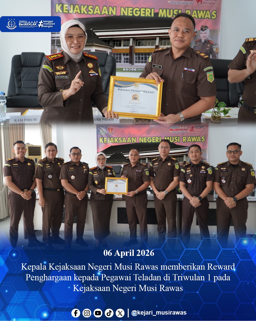 Reward  penghargaan kepada pegawai teladan di Triwulan I pada Kejaksaan Negeri Musi Rawas