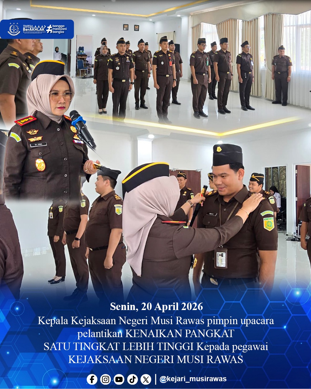 Kepala Kejaksaan Negeri Musi Rawas Dr Ema Siti Huzaemah Ahmad SH MH memimpin upacara pelantikan Kenaikan Pangkat Satu Tingkat Lebih Tinggi kepada pegawai Kejaksaan Negeri Musi Rawas
