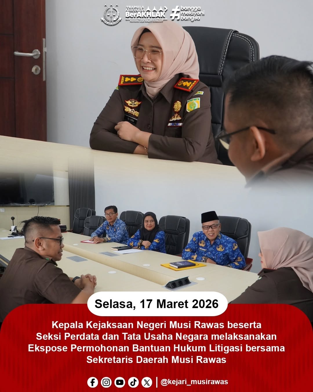 Kepala Kejaksaan Negeri Musi Rawas Dr Ema Siti Huzaemah Ahmad SH MH beserta Seksi Perdata dan Tata Usaha Negara melaksanakan Ekspose permohonan bantuan hukum litigasi bersama Sekda Musi Rawas