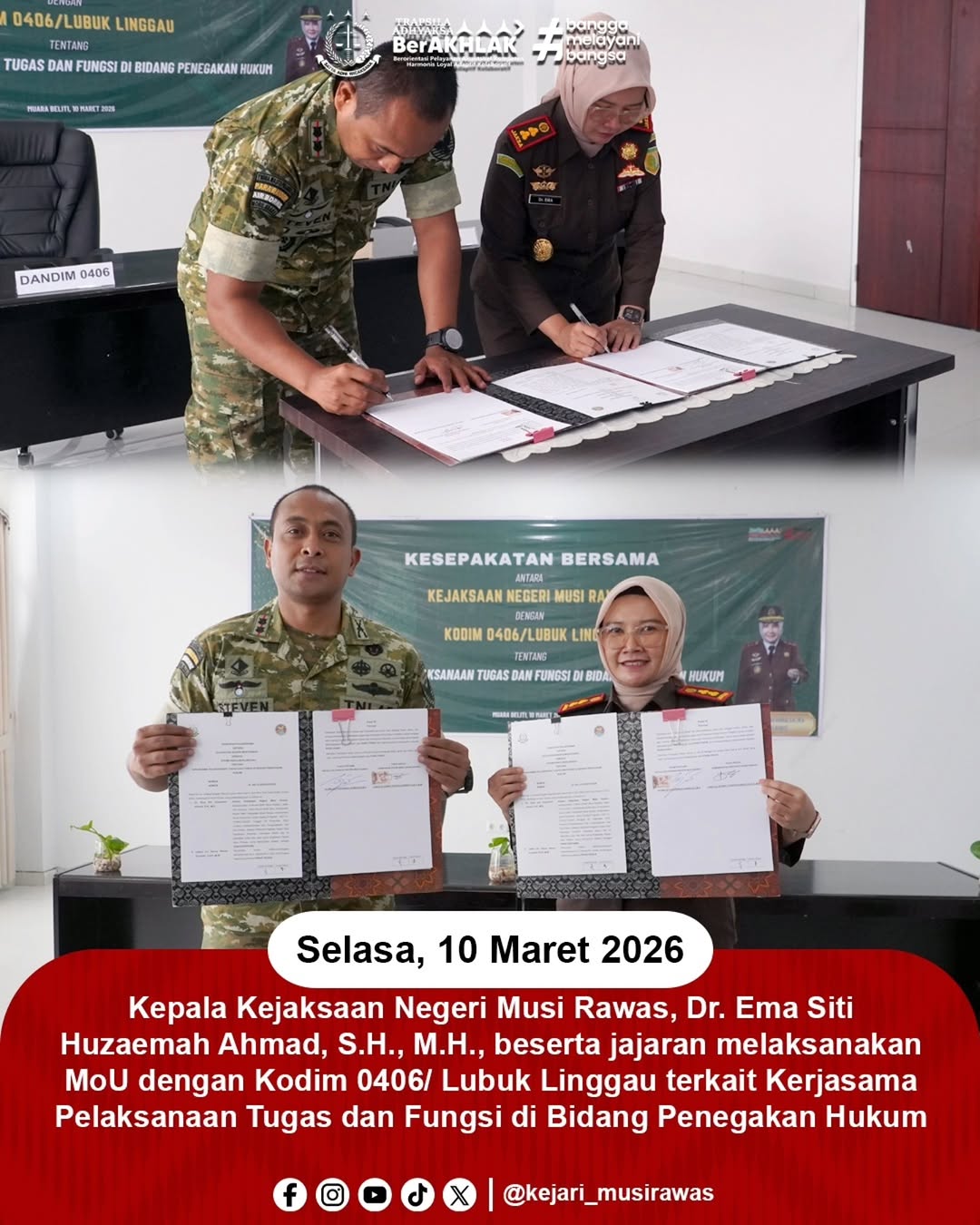 Kejari Musi Rawas dan Kodim 0406MLM Laksanakan MoU Kerja Sama Bidang Penegakan Hukum