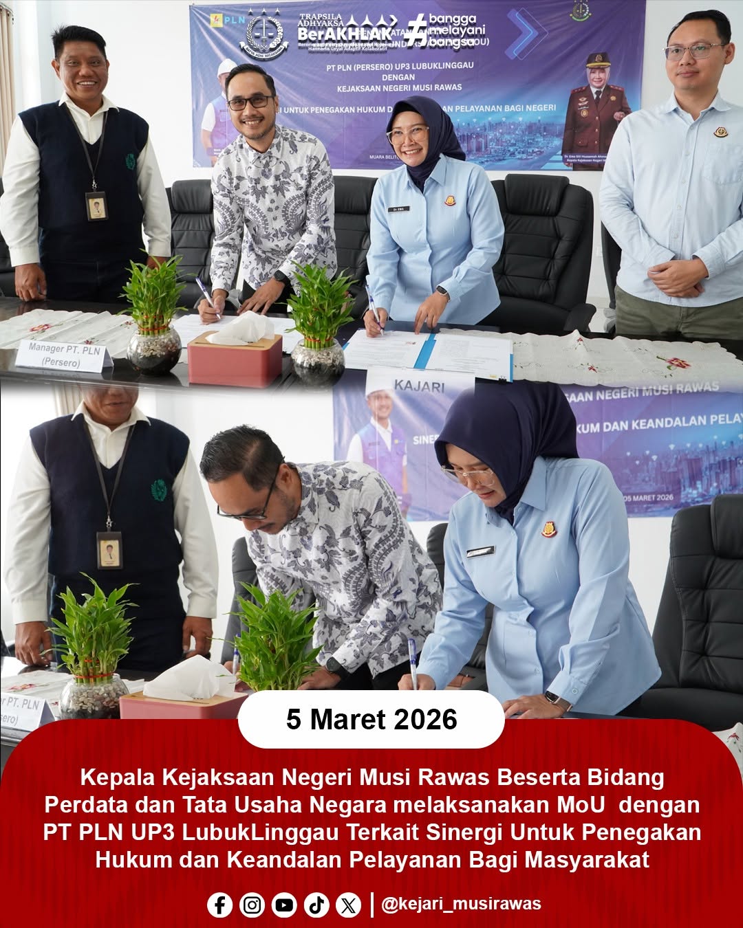 Kejari Musi Rawas dan PT PLN UP3 Lubuklinggau Laksanakan MoU Kerja Sama Strategis