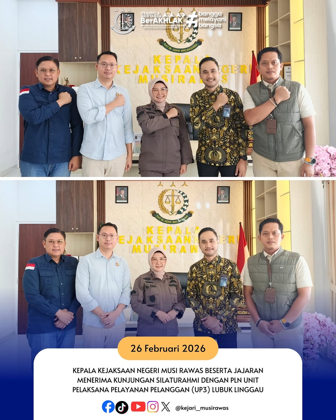 Kepala Kejaksaan Negeri Musi Rawas Dr Ema Siti Huzaemah Ahmad SH MH beserta jajaran menerima kunjungan silaturahmi PLN Unit Pelaksana Pelayanan Pelanggan UP3) Lubuk Linggau