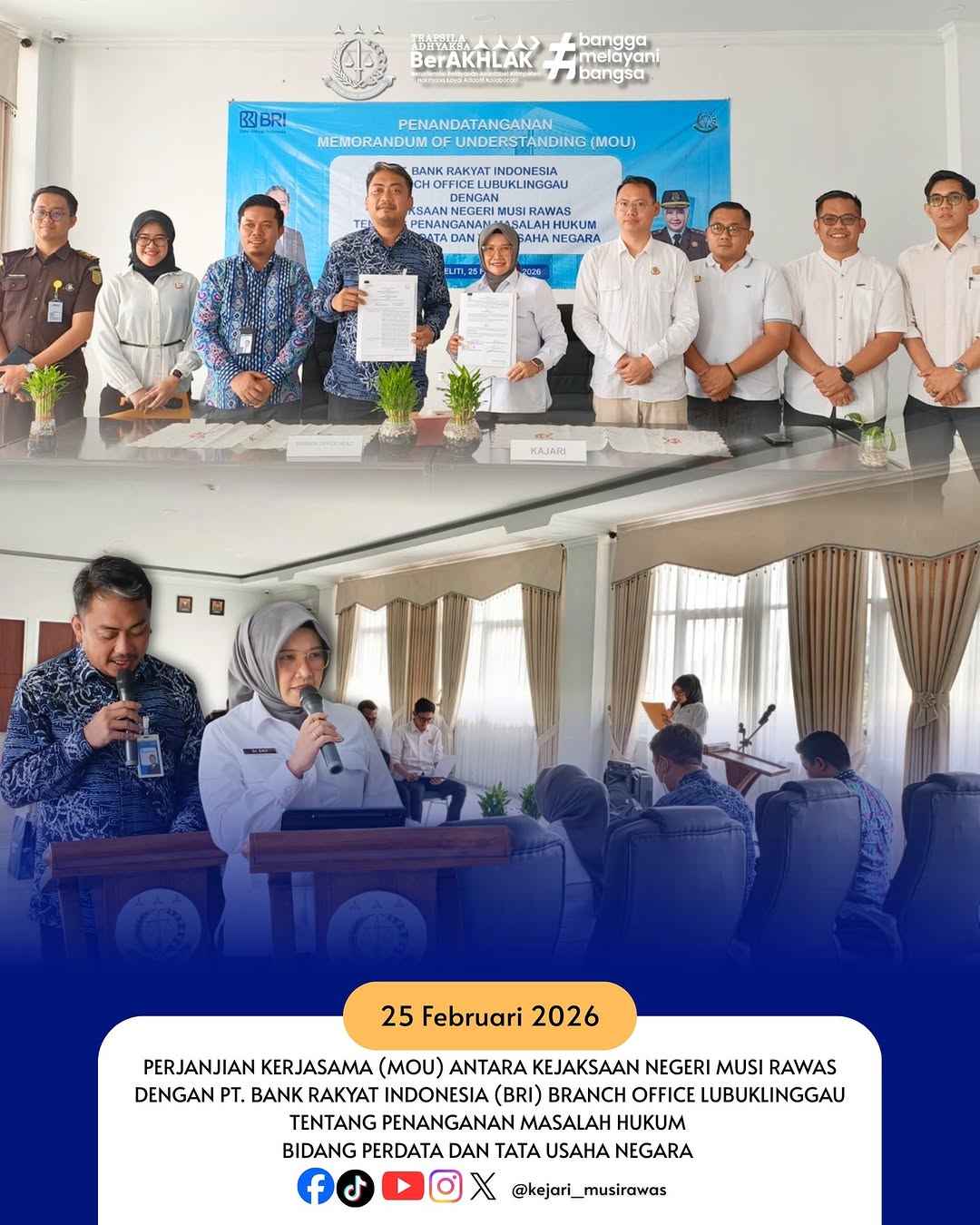 Kejari Musi Rawas dan BRI Branch Office Lubuklinggau Laksanakan MoU Penanganan Masalah Hukum Bidang Datun