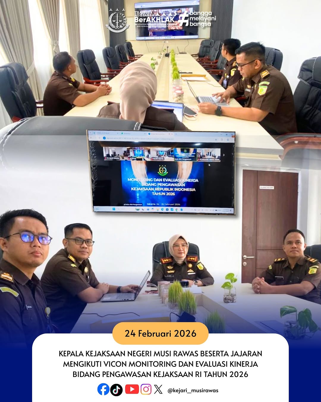 Kajari Musi Rawas beserta Jajaran Ikuti Vicon Monitoring dan Evaluasi Kinerja Bidang Pengawasan Kejaksaan RI