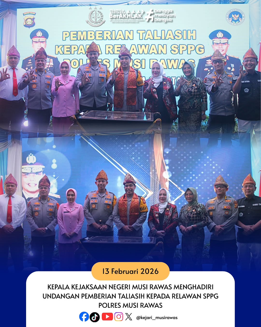Kepala Kejaksaan Negeri Musi Rawas Dr Ema Siti Huzaemah Ahmad SH MH menghadiri undangan pemberian taliasih kepada relawan SPPG Polres Musi Rawas