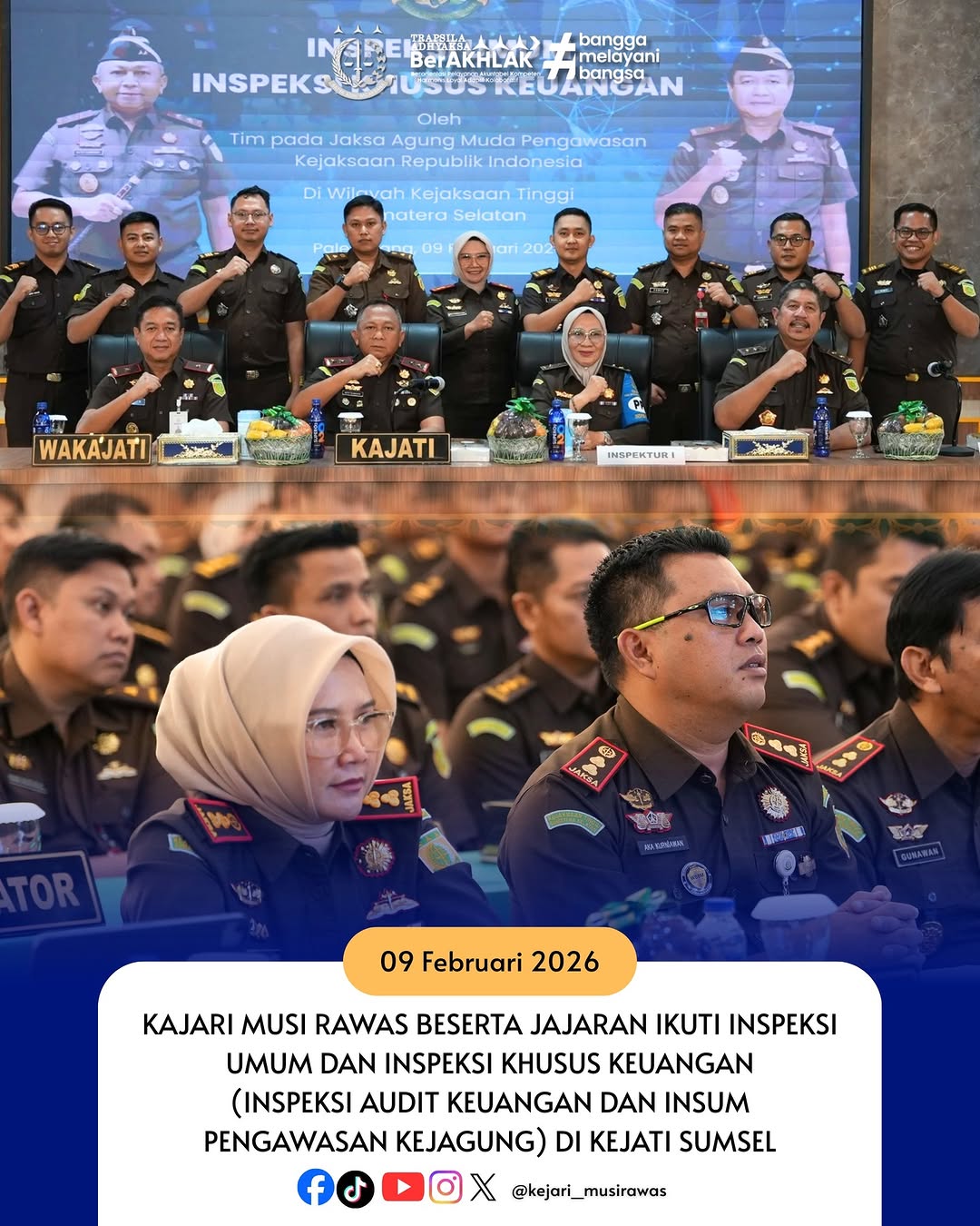 Kepala Kejaksaan Negeri Musi Rawas Ibu Dr Ema Siti Huzaemah Ahmad SH MH beserta jajaran mengikuti Inspeksi Umum dan Inspeksi Khusus Keuangan Inspeksi Audit Keuangan dan Insum Pengawasan Kejagung) di Kejati Sumsel