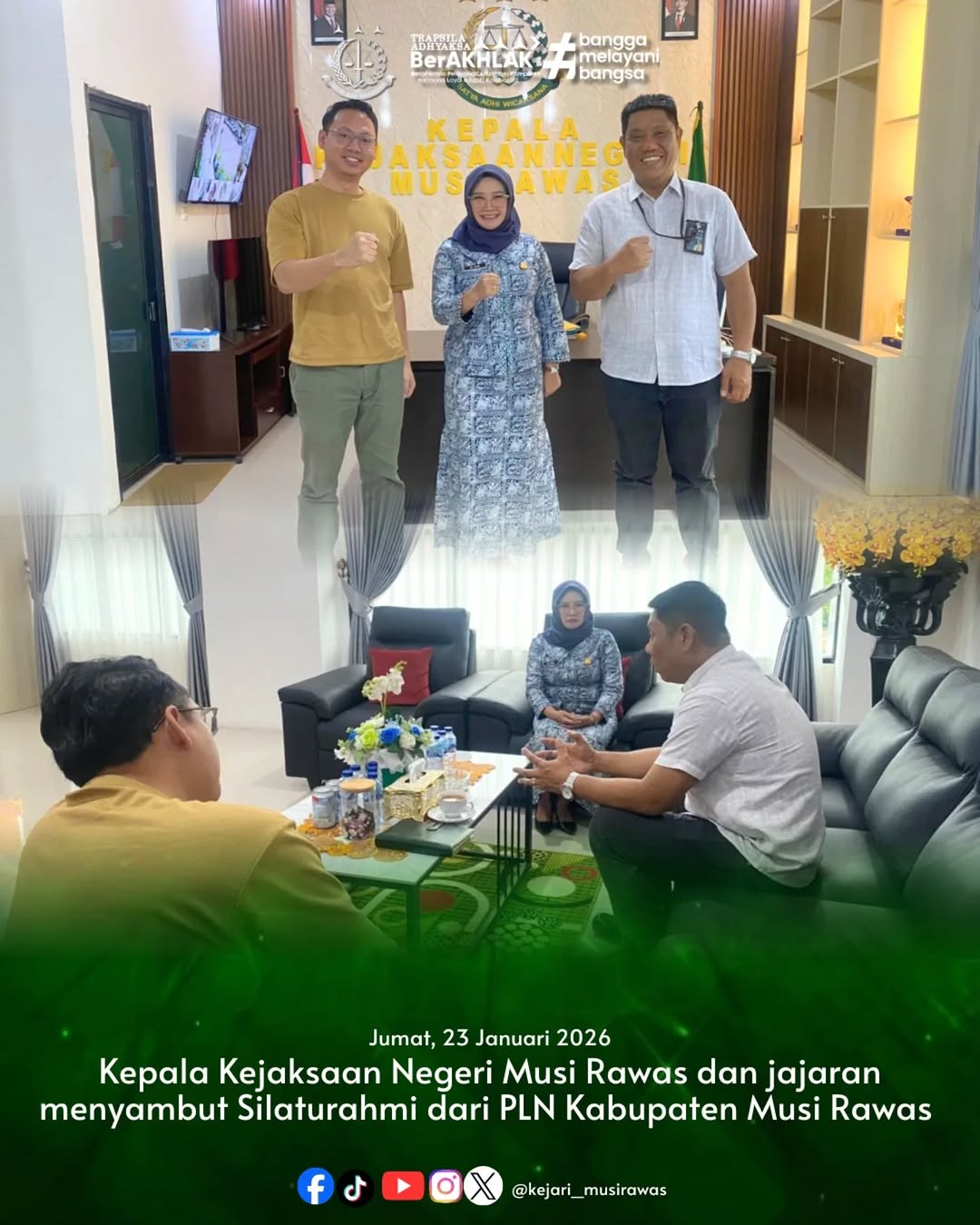Kepala Kejaksaan Negeri Musi Rawas Ibu Dr Ema Siti Huzaemah Ahmad S H M H beserta jajaran menyambut silaturahmi dari PLN Kabupaten Musi Rawas