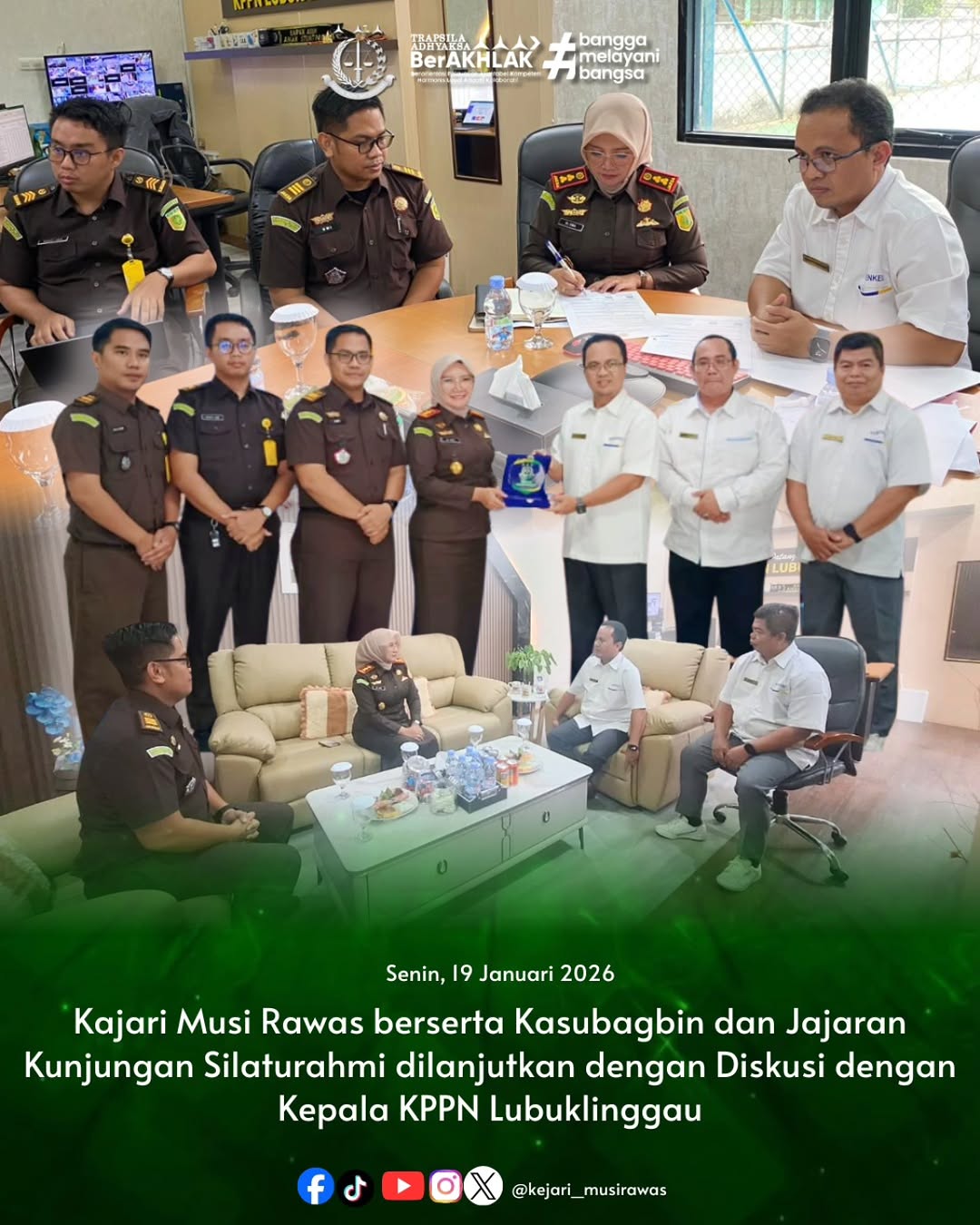 Kepala Kejaksaan Negeri Musi Rawas Dr Ema Siti Huzaemah Ahmad SH MH beserta jajaran menerima kunjungan silaturahmi dan dilanjutkan dengan diskusi bersama Kepala KPPN Lubuklinggau