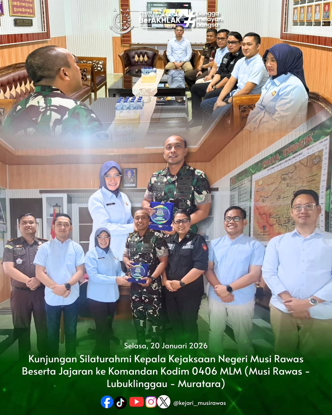 Kepala Kejaksaan Negeri Musi Rawas Ibu Dr Ema Siti Huzaemah Ahmad SH MH beserta jajaran melakukan kunjungan silaturahmi ke Komandan Kodim 0406 MLM Musi Rawas-Lubuklinggau-Muratara)