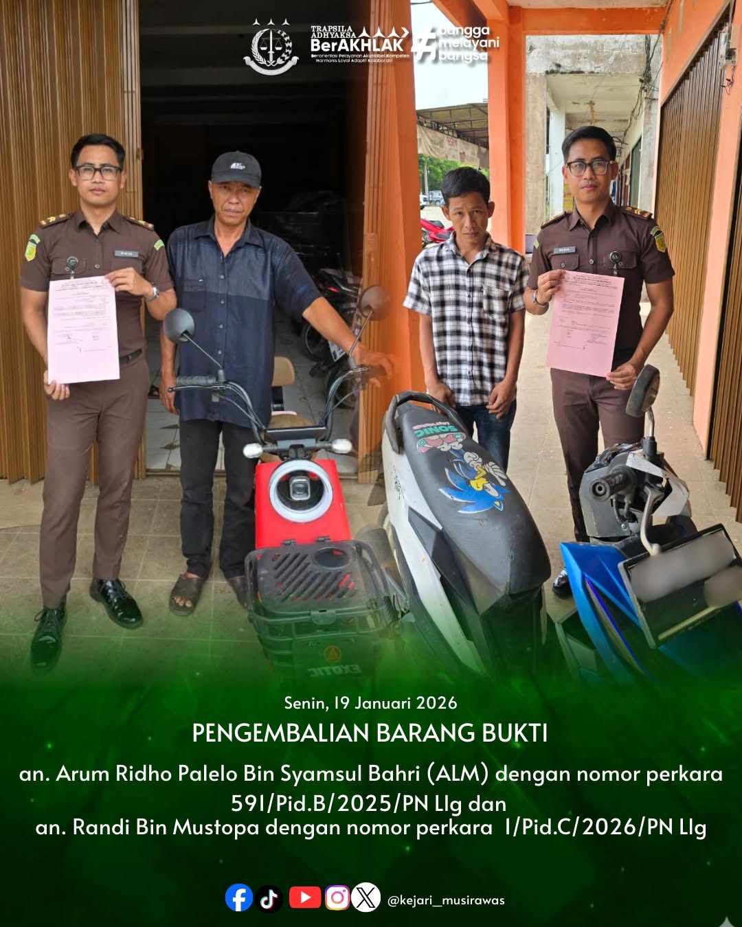 Tuntaskan Penegakan Hukum Kejari Musi Rawas Kembalikan Barang Bukti Sepeda Listrik dan Sepeda Motor kepada Pemiliknya