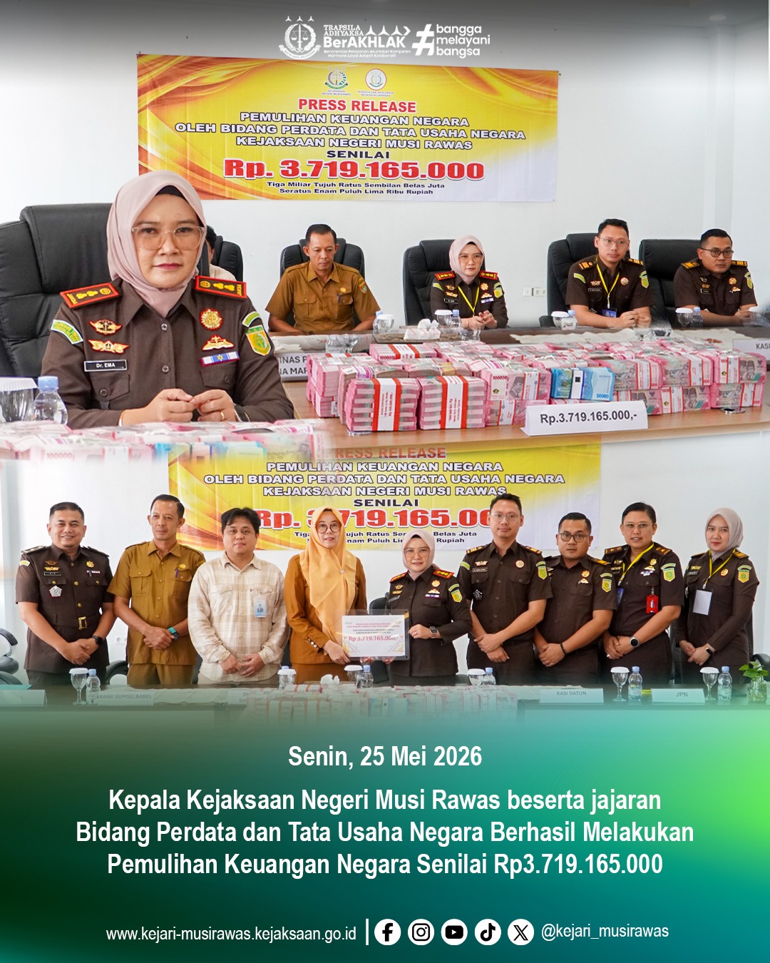 Kepala Kejaksaan Negeri Musi Rawas Dr Ema Siti Huzaemah Ahmad SH MH beserta Seksi Perdata dan Tata Usaha Negara berhasil memulihkan keuangan negara