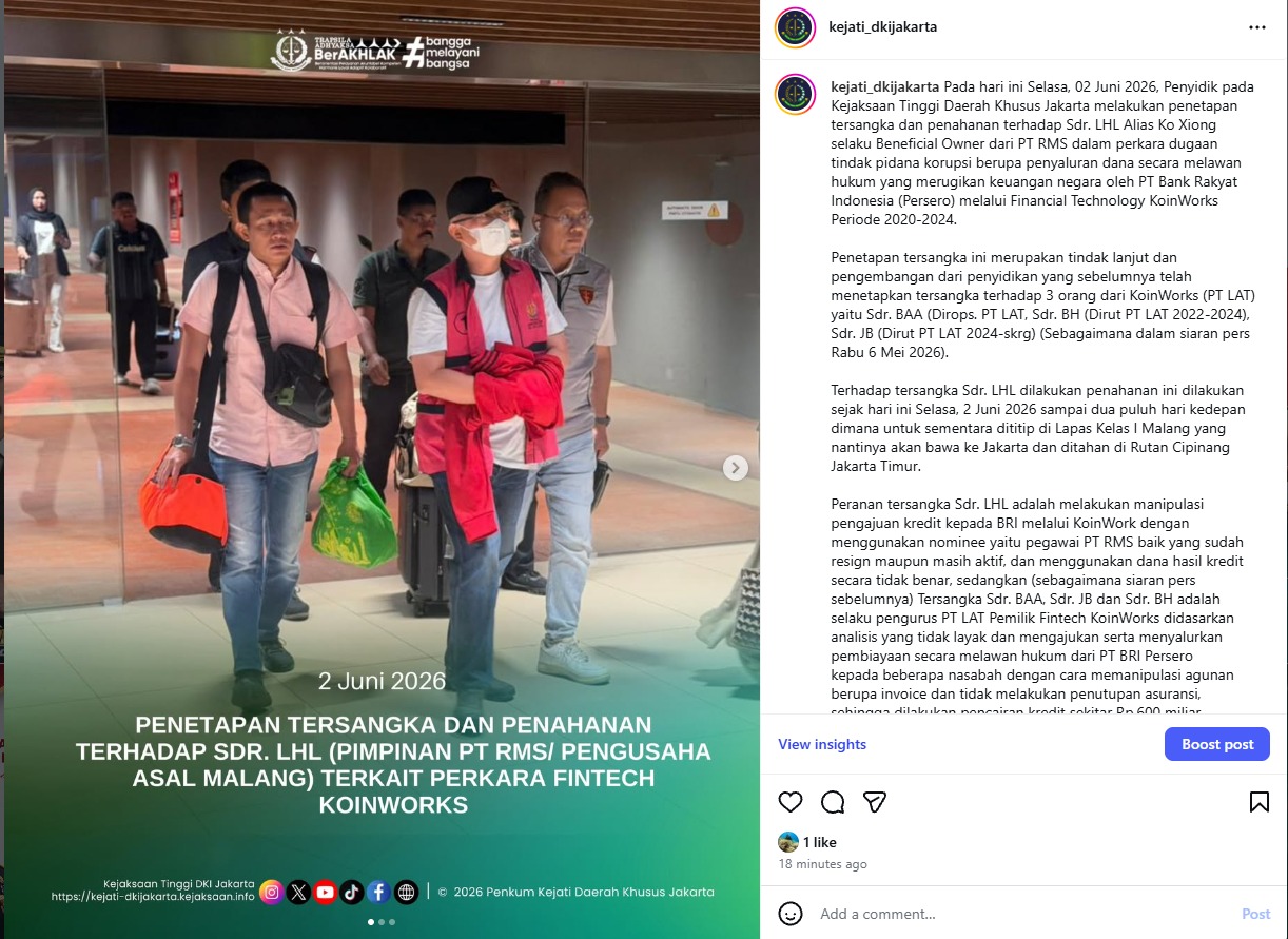 PENETAPAN TERSANGKA DAN PENAHANAN TERHADAP SDR LHL PIMPINAN PT RMS PENGUSAHA ASAL MALANG) TERKAIT PERKARA FINTECH KOINWORKS