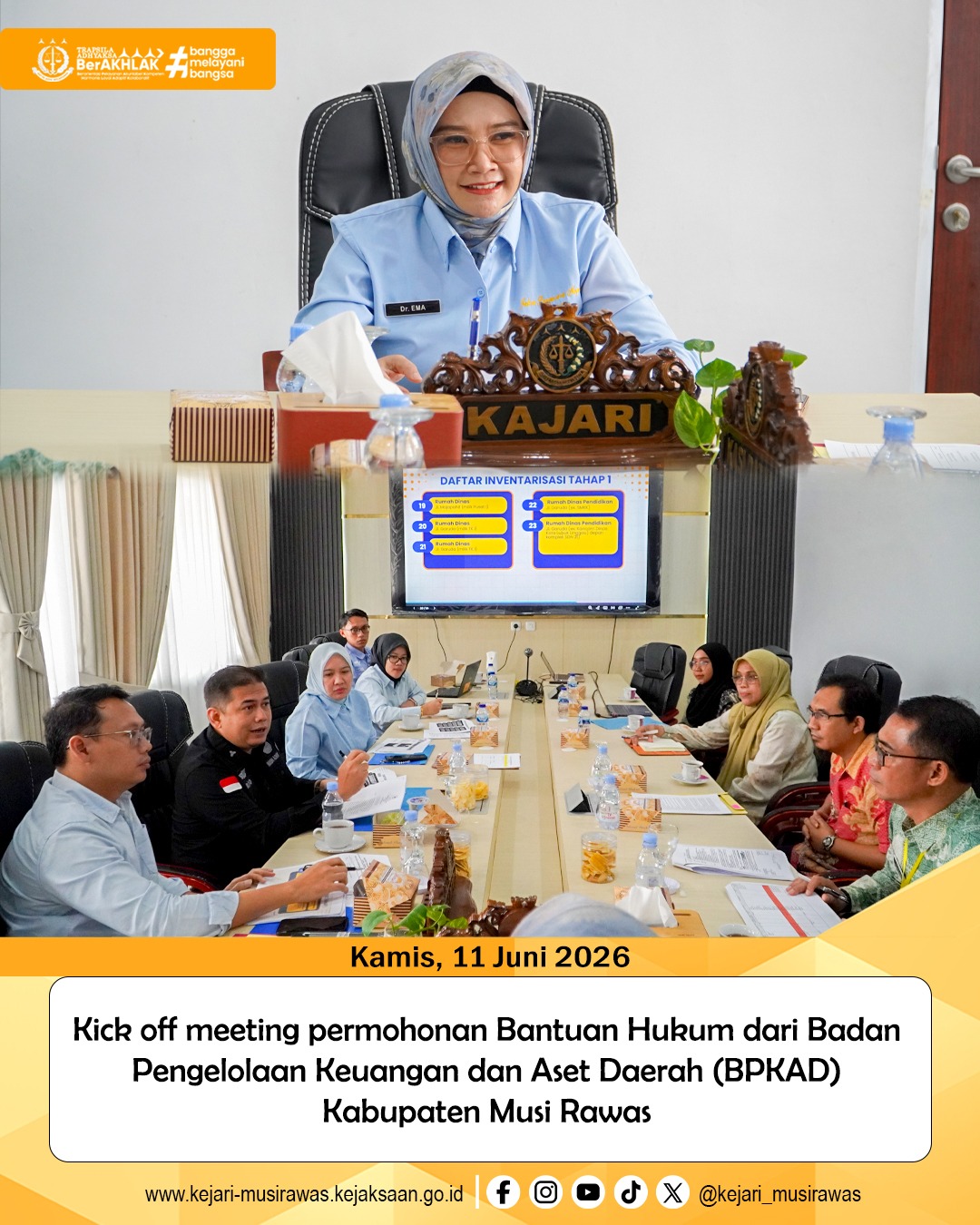 Kepala Kejaksaan Negeri Musi Rawas Dr Ema Siti Huzaemah Ahmad SH MH Bersama Tim JPN Laksanakan Kick Off Meeting Permohonan Bantuan Hukum BPKAD Kabupaten Musi Rawas