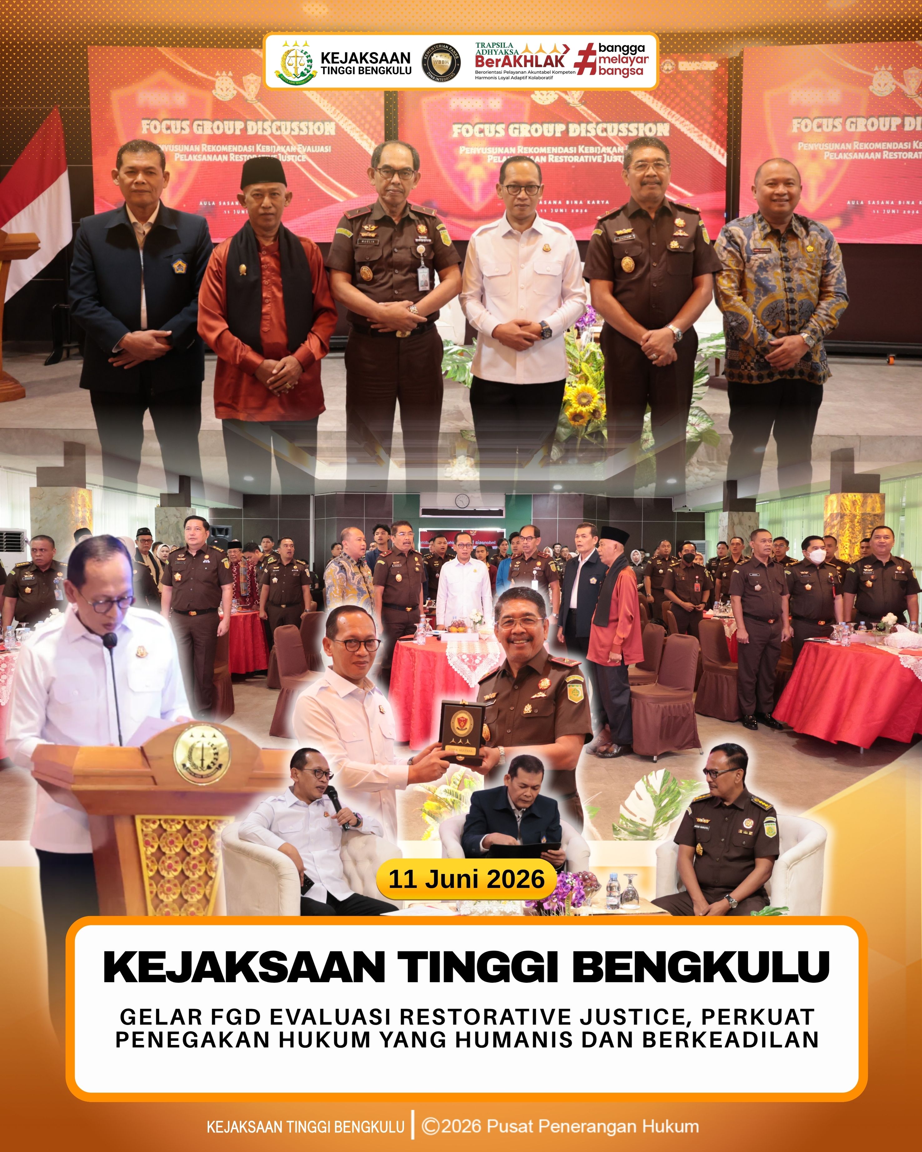 Kejaksaan Tinggi Bengkulu melalui Bidang Tindak Pidana Umum menggelar Focus Group Discussion FGD) Penyusunan Rekomendasi Kebijakan Evaluasi Pelaksanaan Restorative Justice yang berlangsung di Aula Sasana Bina Karya Kejaksaan Tinggi Bengkulu