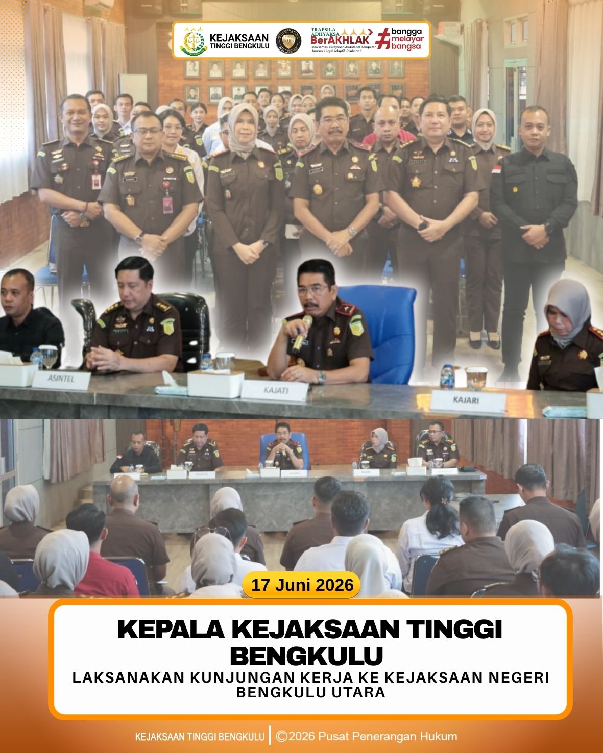 Kepala Kejaksaan Tinggi Bengkulu Saiful Bahri Siregar SH MH melaksanakan kunjungan kerja ke Kejaksaan Negeri Bengkulu Utara dalam rangka memberikan pengarahan kepada seluruh jajaran Kejaksaan Negeri Bengkulu Utara