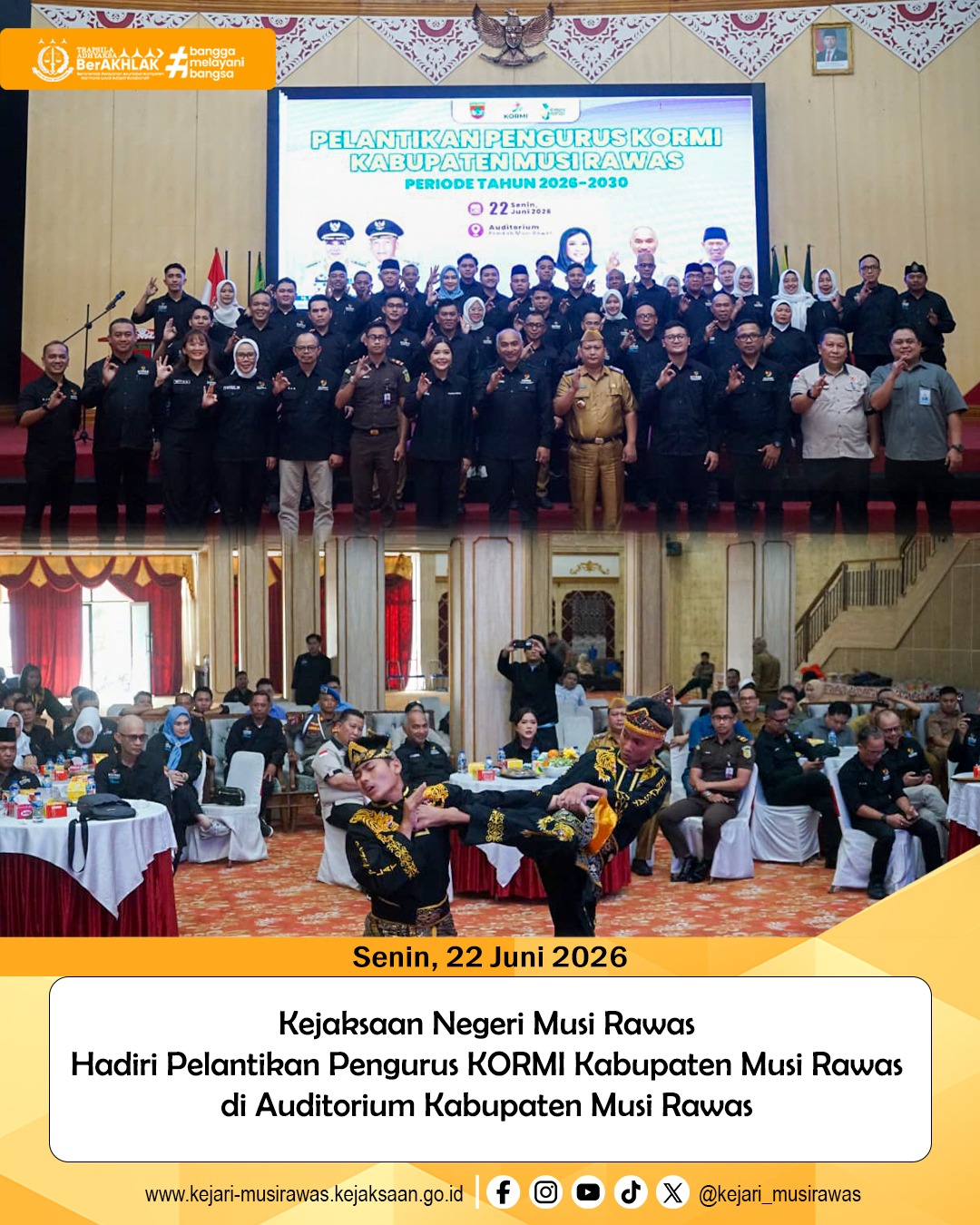 Kejaksaan Negeri Musi Rawas menghadiri undangan Pelantikan Pengurus KORMI Kabupaten Musi Rawas di Auditorium Kabupaten Musi Rawas