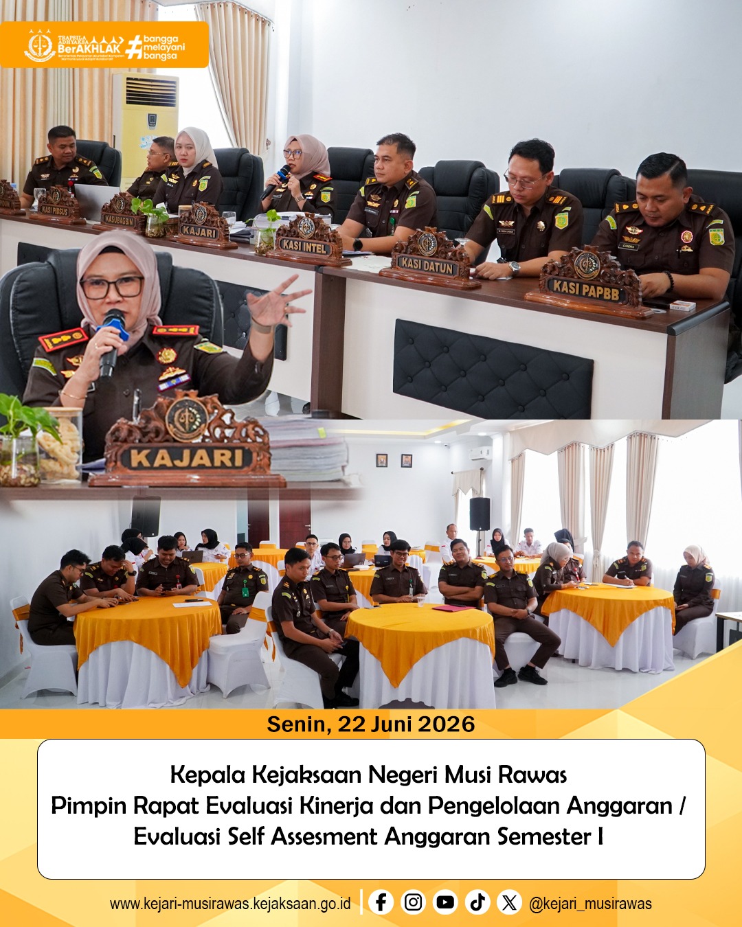 Kepala Kejaksaan Negeri Musi Rawas Dr Ema Siti Huzaemah Ahmad SH MH memimpin Rapat Evaluasi Kinerja dan Pengelolaan Anggaran  Evaluasi Self Assesment Anggaran Semester 1