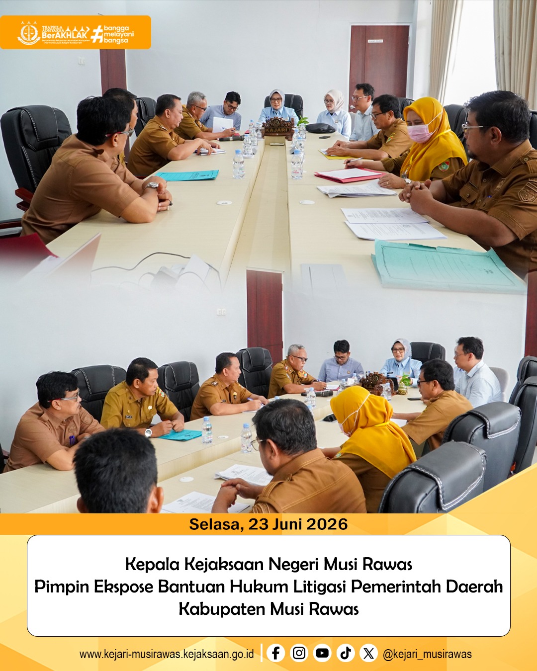 Kepala Kejaksaan Negeri Musi Rawas Dr Ema Siti Huzaemah Ahmad SH MH beserta Kepala Seksi Perdata dan Tata Usaha Negara Reza Lagan SH MH dan jajaran melaksanakan Ekspose Bantuan Hukum Litigasi Pemerintahan Daerah Kabupaten Musi Rawas