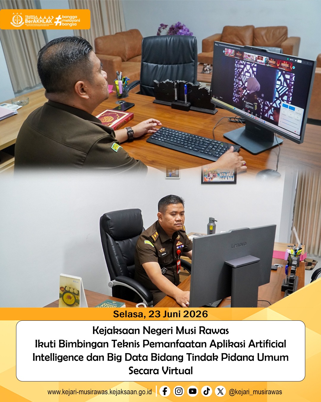Kepala Seksi Tindak Pidana Umum Kejaksaan Negeri Musi Rawas Erwan Mardiansyah T SH MH mengikuti bimbingan teknis pemanfaatan aplikasi Artificial Intelligence dan Big Data bidang tindak pidana umum secara virtual