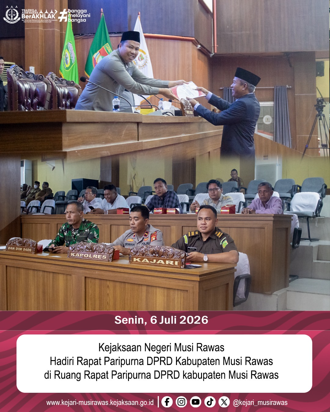 Kejaksaan Negeri Musi Rawas yang diwakili oleh Kepala Urusan Tata Usaha Kepegawaian dan Keuangan PNBP Angga Saputra SH menghadiri undangan Rapat Paripurna DPRP Kabupaten Musi Rawas