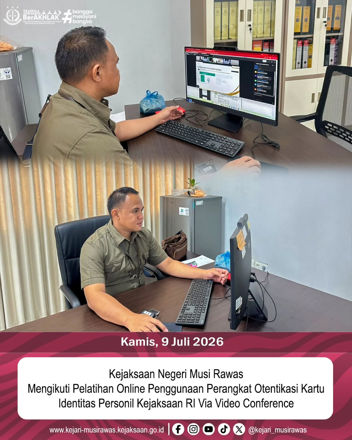 Kejaksaan Negeri Musi Rawas yang diwakili oleh Kepala Urusan Tata Usaha Kepegawaian dan Keuangan PNBP Angga Saputra SH mengikuti Pelatihan Online Penggunaan Perangkat Otentikasi Kartu Identitas Personil Kejaksaan RI Via Video Conference