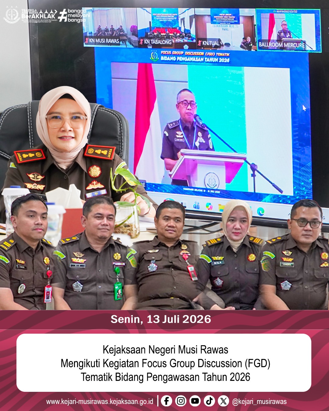 Kepala Kejaksaan Negeri Musi Rawas Dr Ema Siti Huzaemah Ahmad SH MH beserta Jajaran mengikuti Kegiatan Focus Group Discussion FGD) Tematik Bidang Pengawasan Tahun 2026