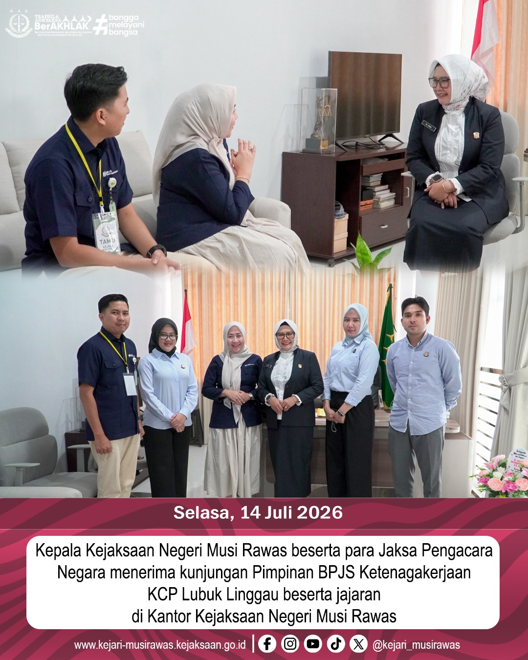Kepala Kejaksaan Negeri Musi Rawas Dr Ema Siti Huzaemah Ahmad SH MH beserta para Jaksa Pengacara Negara menerima kunjungan Pimpinan BPJS Ketenagakerjaan KCP Lubuk Linggau beserta jajaran di Kantor Kejaksaan Negeri Musi Rawas