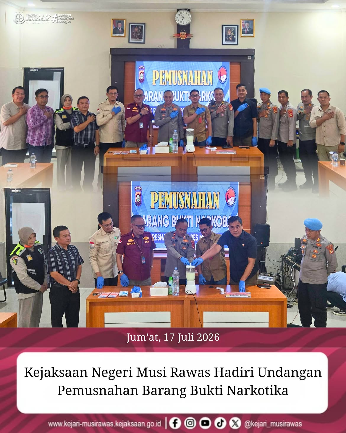 Kepala Sub Seksi II Intelijen Imam Fauzi SH menghadiri undangan Pemusnahan Barang Bukti Narkotika Jenis Sabu-sabu Kegiatan ini berlangsung di Ruang Satresnarkoba Polres Musi Rawas pada hari Jum’at 17 Juli 2026 Pukul 0900 Wib sd Selesai