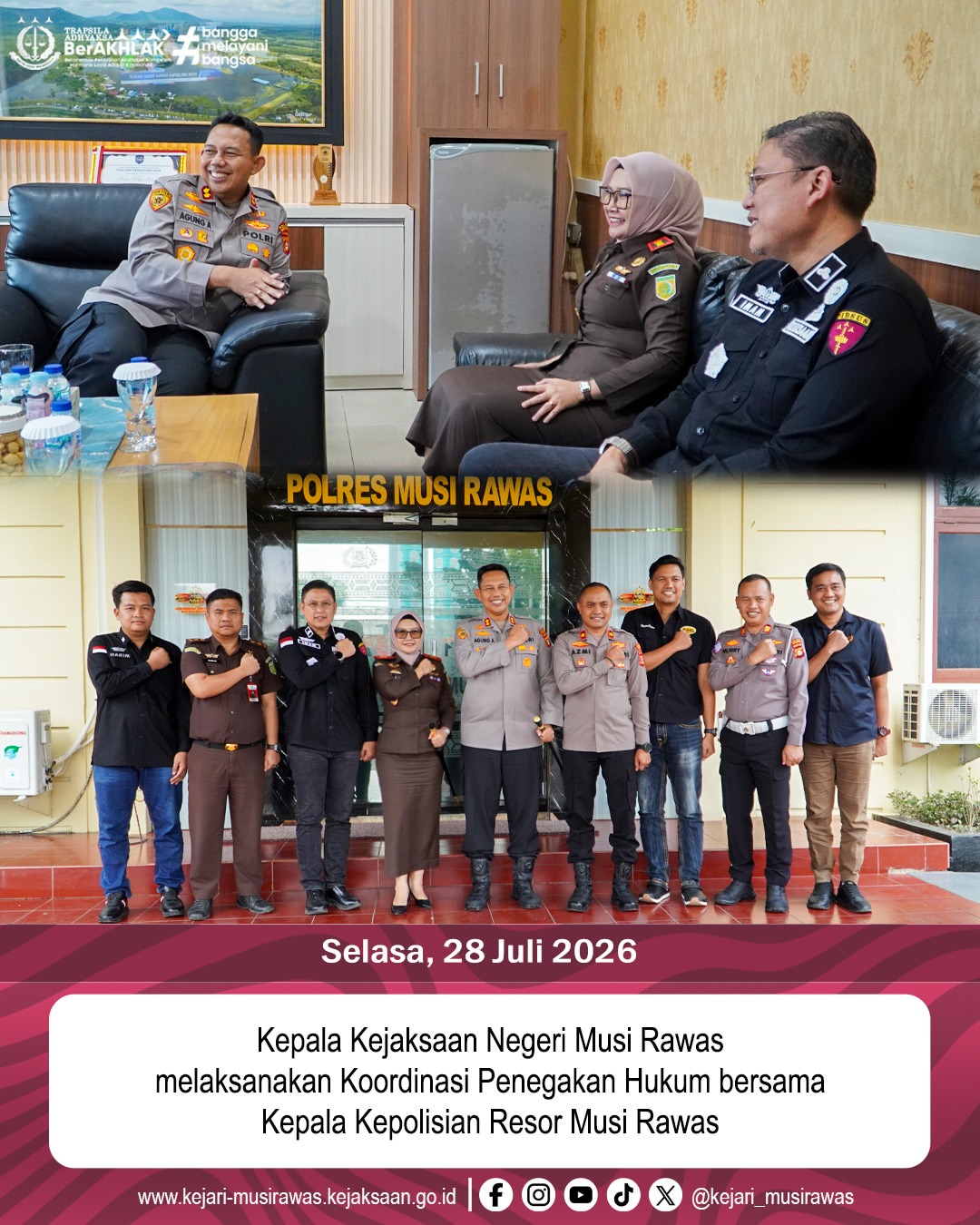 Kepala Kejaksaan Negeri Musi Rawas Dr Ema Siti Huzaemah Ahmad SH MH melaksanakan Koordinasi Penegakan Hukum bersama Kepala Kepolisian Resor Musi Rawas AKBP Agung Adhitya Prananta SH SIK MH