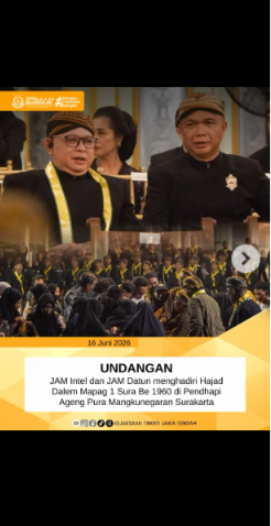 UNDANGAN JAM Intel dan JAM Datun menghadiri Hajad Dalem Mapag 1 Sura Be 1960 di Pendhapi Ageng Pura Mangkunegaran Surakarta